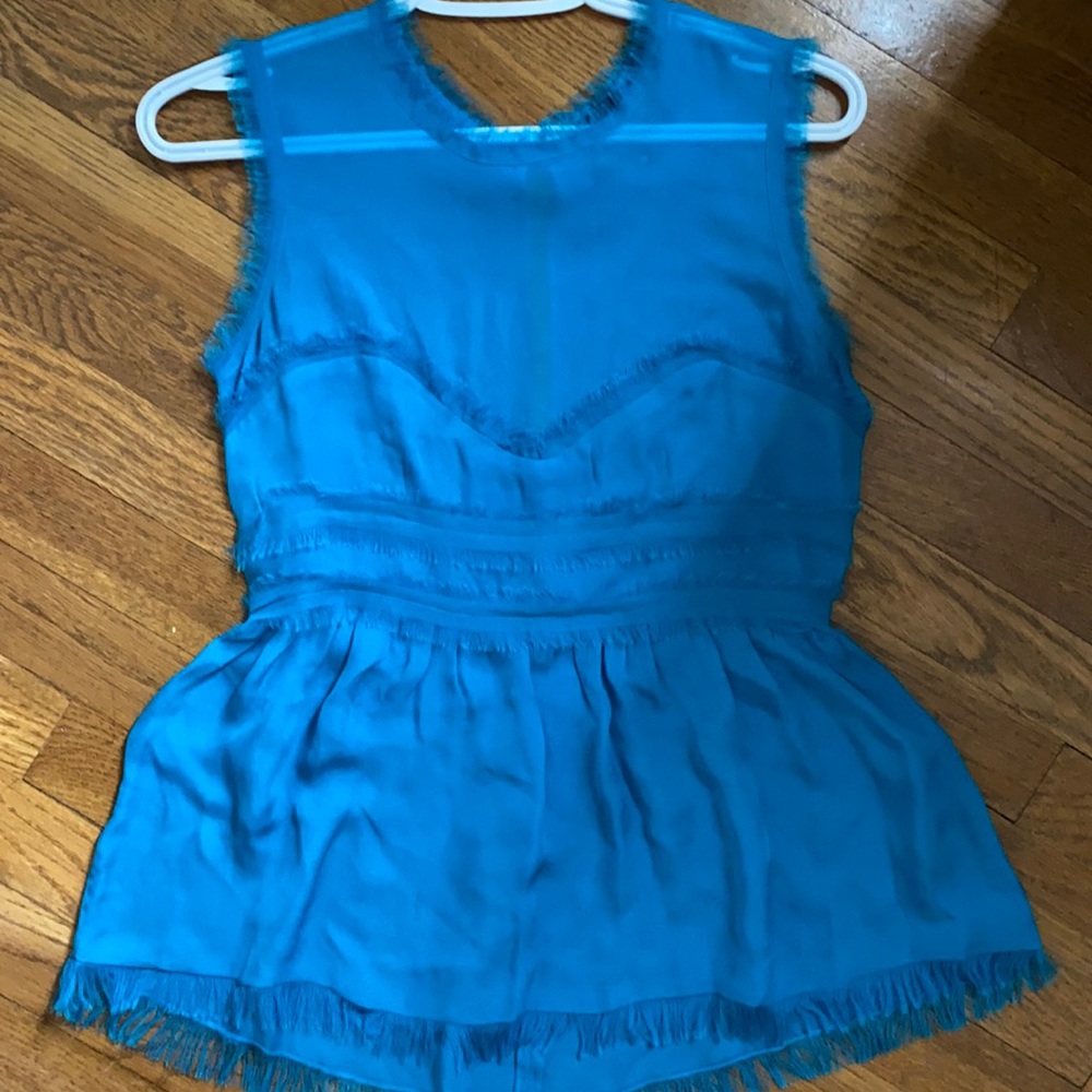 Cynthia Rowley teal blue fringe trim peplum top aso cameran wimberly